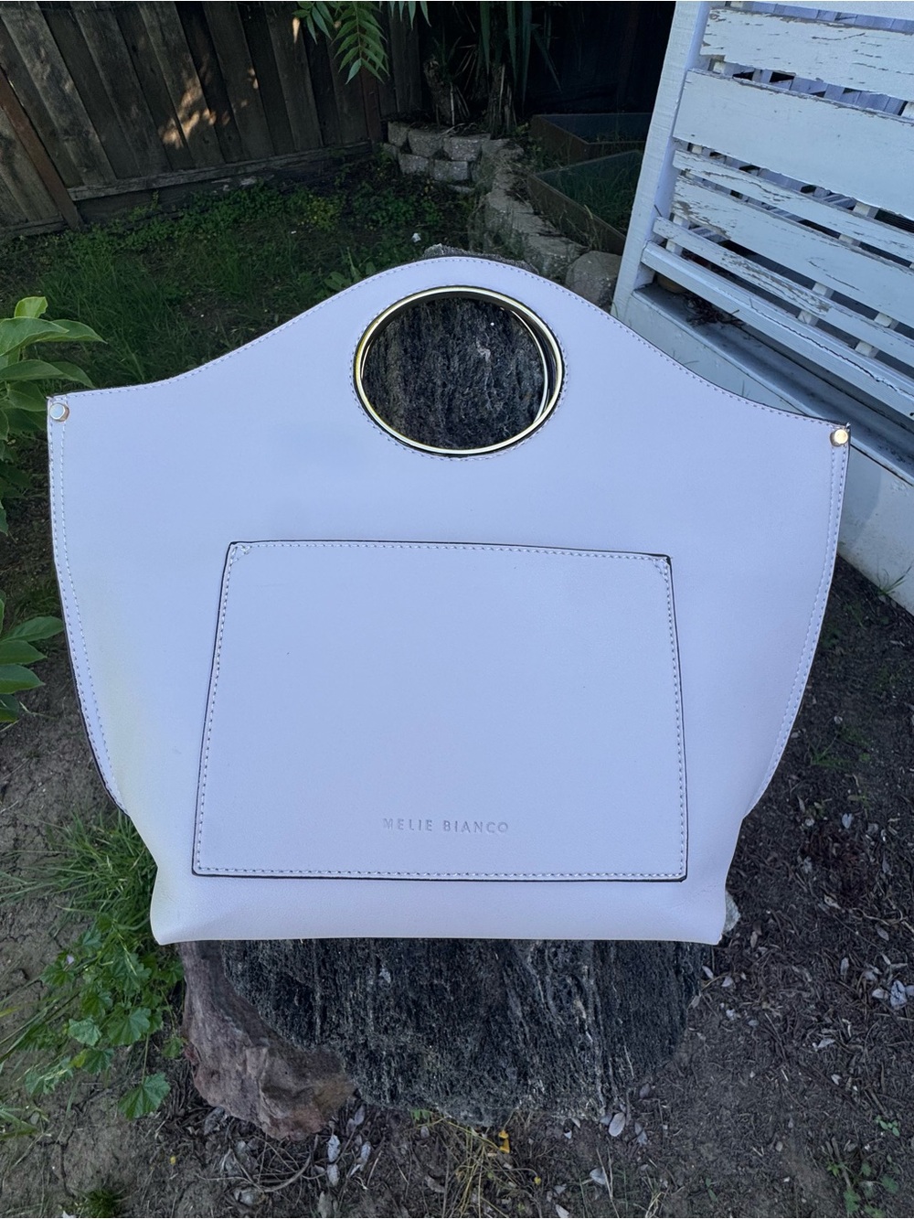 Melie Bianco Off-White Tote with Gold Circular Handle